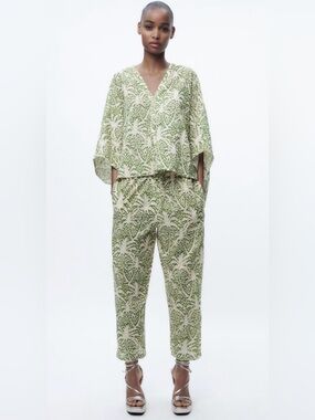 Zara Green Patterned Cotton Oversized Button Up Top and Relaxed Trouser Set M/L